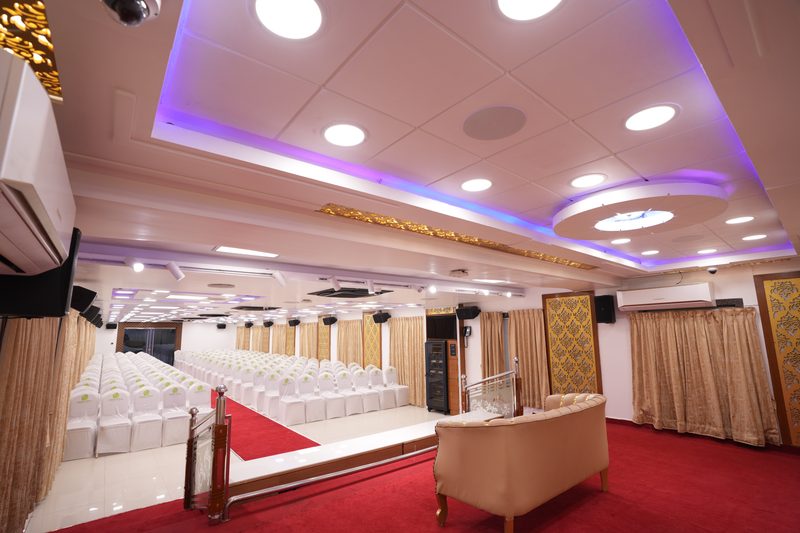 Stage, sofa and the hall beyond