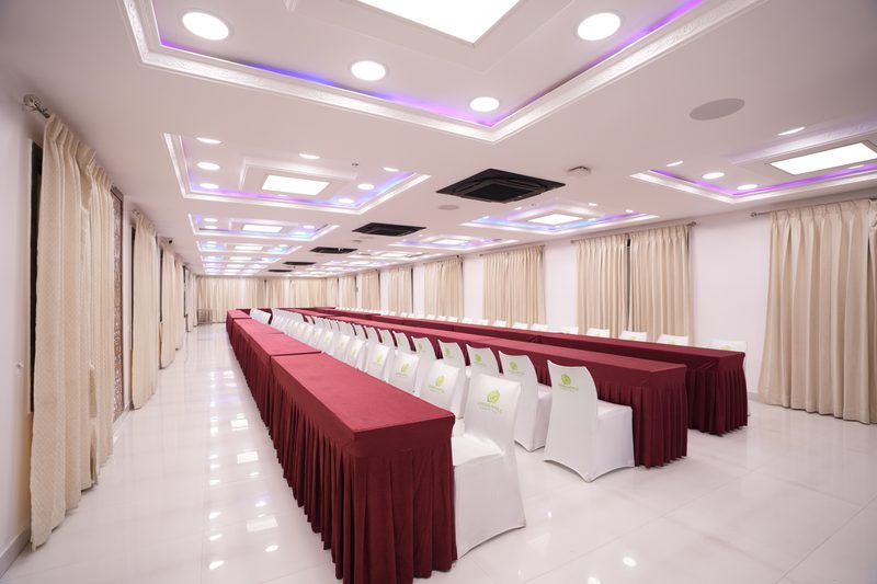 Dining hall, long tables set